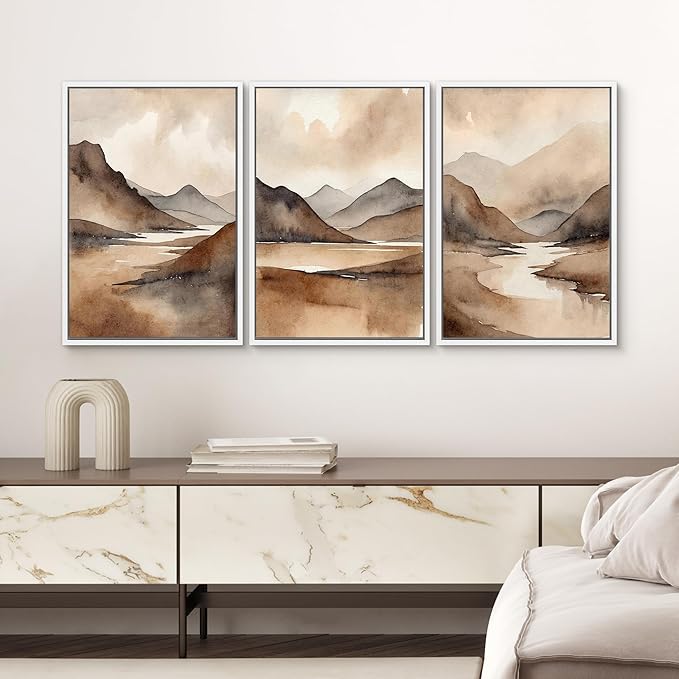 SIGNWIN Framed Canvas Print Wall Art Set Landscape Serene Mountain and River Scene in Warm Earth Tones Illustrations Modern Art Decorative Abstract for Living Room, Bedroom, Office - 16"x24"x3 White