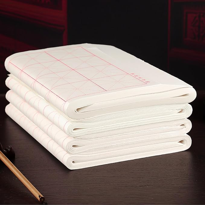 MEGREZ Chinese Calligraphy Xuan Paper Brush Writing Sumi Paper Xuan Paper Rice Paper with Grids for Students, Beginners Practice Kanji Japanese Calligraphy, 100 Sheets/Pack, 5 cm/Grid