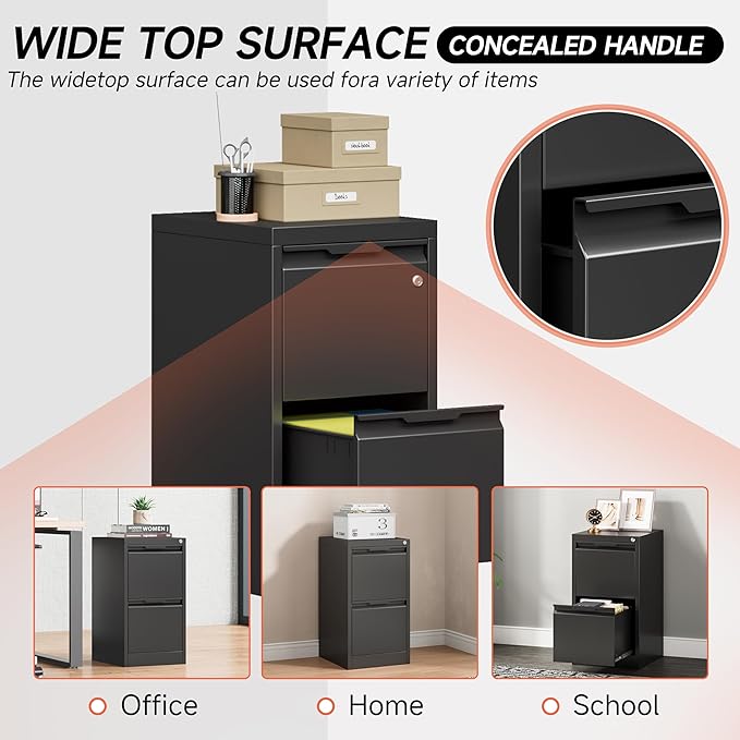 2 Drawer File Cabinet with Lock,Black Metal Filing Cabinets,Steel Vertical Fit Hanging Files, Letter,File Box and A4 Documents-Assembly Require