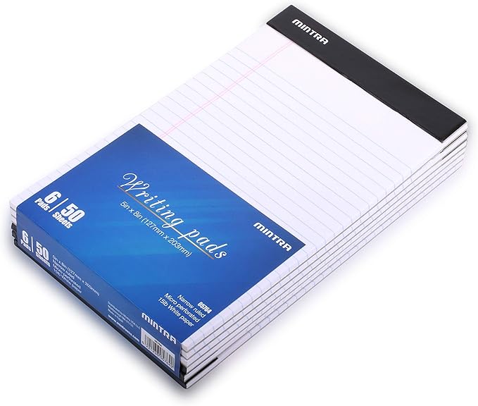 Mintra Office White Legal Pads – Ruled Notepads and Micro-Perforated Sheets, Ideal for Writing, Note-Taking & Creativity, Office, or Professional Use, Basic Pad 6 pack, 5"x8" (Narrow Ruled)