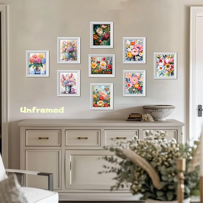 Flowers Market Posters Wall Art Paints Set of 9, Preppy Minimalist Canvas Decor Prints,Vintage Beautiful Flowers in Bucket Pictures for Bathroom Living Room Dorm Home Decor Gifts 8x10In Unframed
