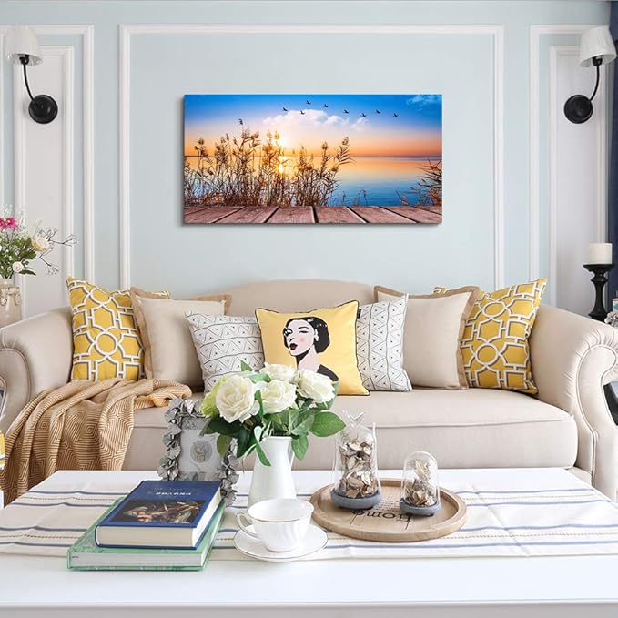 MHARTK66 Beach Sunset Wall Art Coastal Decor Seascape Canvas Prints Ocean Picture for Living Room Artwork for Walls Beach Grass Poster Landscape Painting Bedroom Wall Art Office Home Decoration 20"x 40"