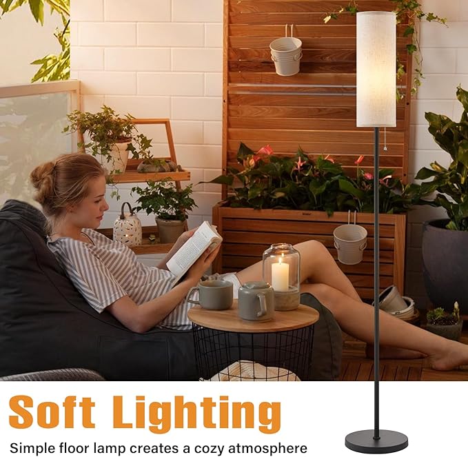 Ambimall 64'' Floor Lamp for Living Room with Bulb- Tall Lamps with Beige Lampshade & Pull Chain Switch, Pole Lamps for Bedrooms Tall, Minimalist Floor Lamp