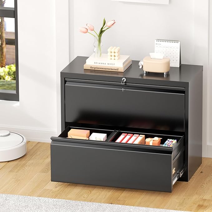 Greenvelly Lateral File Cabinet 2 Drawer, Black File Cabinet with Lock, Lockable Metal Filing Cabinet for Home Office, 2 Drawer File Cabinet for Legal/Letter/A4/F4 Size with Hanging Bars&Key