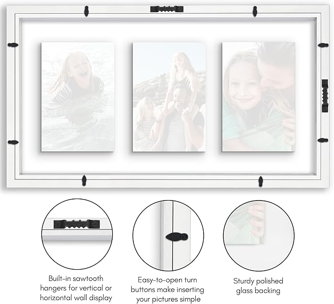 Americanflat 4x6 Collage Picture Frame with Shatter-Resistant Glass - Fits Three 4x6 Photos or use as One 9x17 Frame - Signature Collection - Collage Frames with Floating Effect - White