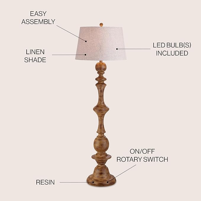 JONATHAN Y 67" Brown Spindled Resin LED Floor Lamp, Rustic Farmhouse Faux Bois Standing Lamp, Gray Linen Drum Shade for Living Room, Bedroom, LED Bulb Included, UL Listed JYL3000A