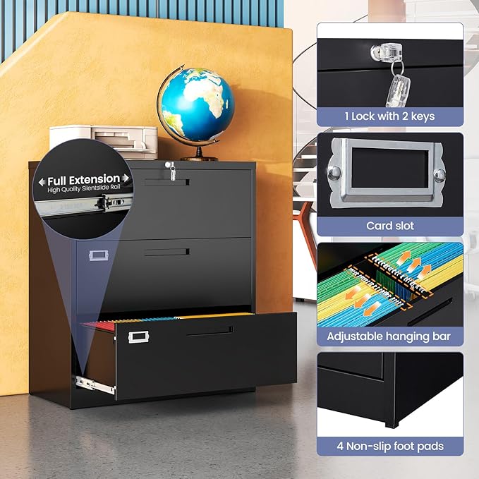 Metal 3 Drawer Lateral File Cabinet with Lock, Wide&Deep Black Filing Cabinet for Letter/Legal/F4/A4 Hanging Files, Includes Business Card Holder, Home Office School Storage