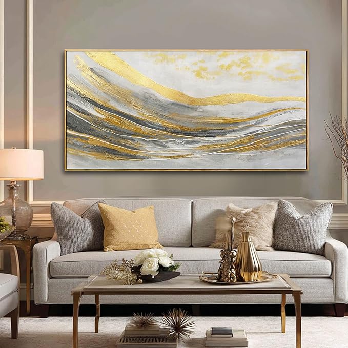 Artexist Abstract Wall Decor Modern Canvas Poster Gold Foil Wood Wall Art 24"x48" Pictures for Bedroom Wall Posters for Dining Room Area
