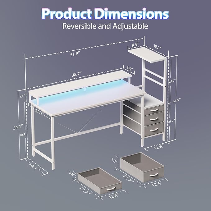 Mericonia Gaming Desk with Power Outlets & LED Lights, Reversible Computer Desk with PC Case Stand, Fabric Drawers, Modern Office Desk with Shelves, Monitor Stand