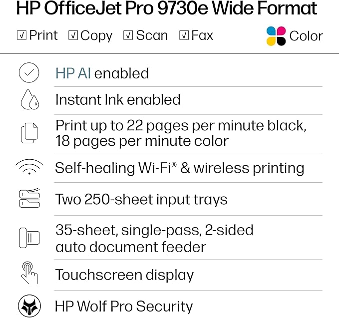 HP OfficeJet Pro 9730e Wide Format Wireless All-in-One Color Inkjet Printer, Print, scan, Copy, ADF, Duplex Printing Best-for-Office, 3 Month Instant Ink Trial Included, AI-Enabled (537P6A)