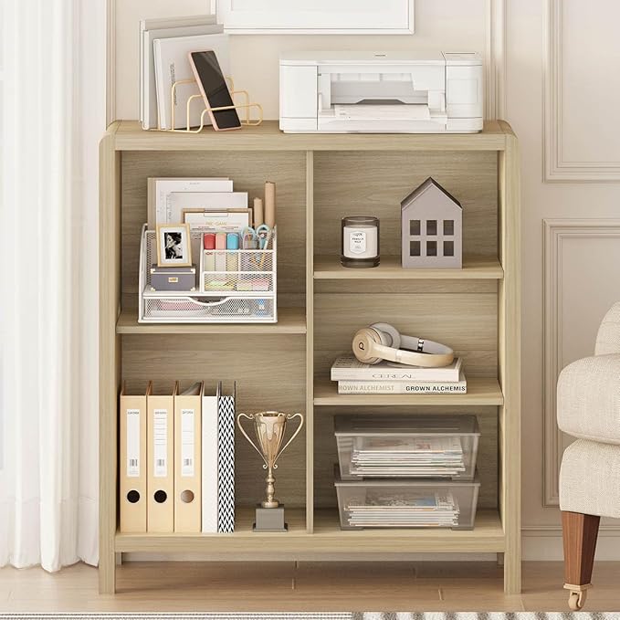FATORRI 5 Cube Bookshelf, Wood Bookcase with 3 Adjustable Shelves, Modern Cube Storage Organizer Shelf for Home Office (Light Walnut)