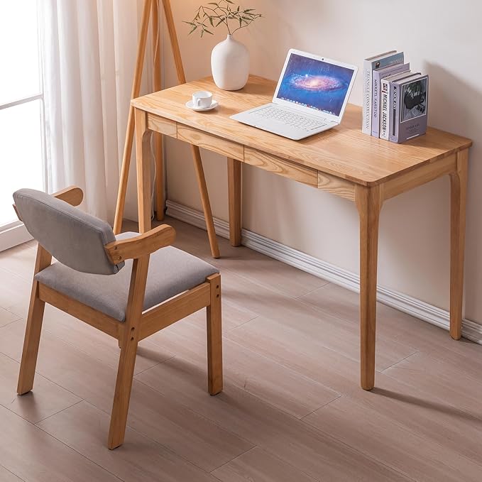 Solid Wood Desk with Drawers, Home Office Desk for Small Spaces, Gaming Work Study Desk, Student PC Desk for Bedroom, Easy to Assemble (Wood Color, 47.2 inch)