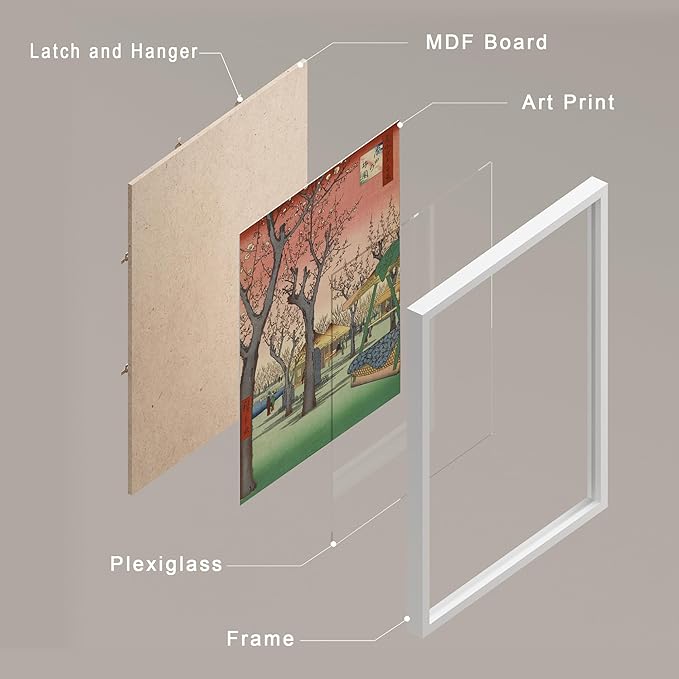 SIGNWIN Framed Poster Wall Art Set of Koinobori The Carp Fish, Plum Park Landscape with 2 Cranes from One Hundred, Plum Blossom in Garden for Living Room, Bedroom, Office - 8"x10"x 8 White
