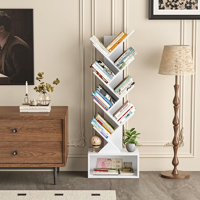 9 Tier Tree Bookshelf,Christmas Green Bookcase for Narrow Space, Storage Organizer Floor Standing Bookshelves for Books, Tall Book Case for Home Office, Living Room, Bedroom