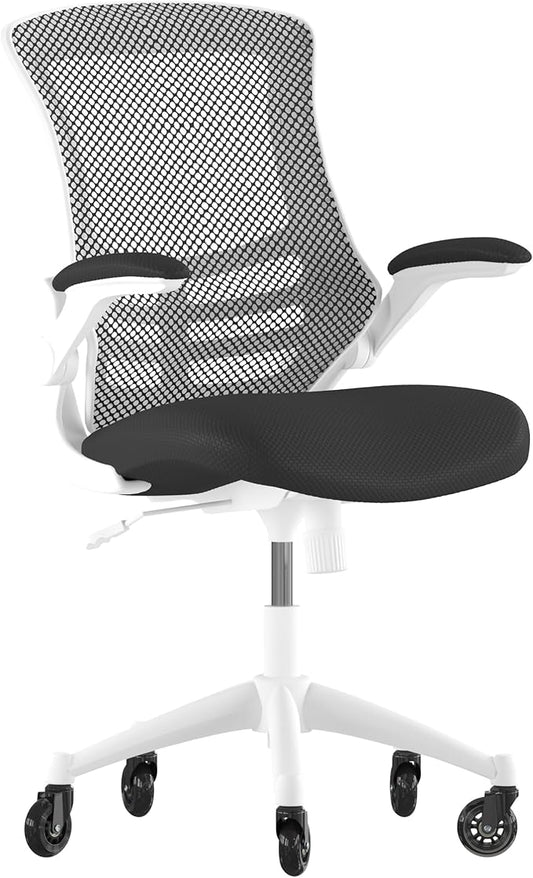 Flash Furniture Kelista Mid-Back Black Mesh Swivel Ergonomic Task Office Chair with White Frame, Flip-Up Arms, and Transparent Roller Wheels