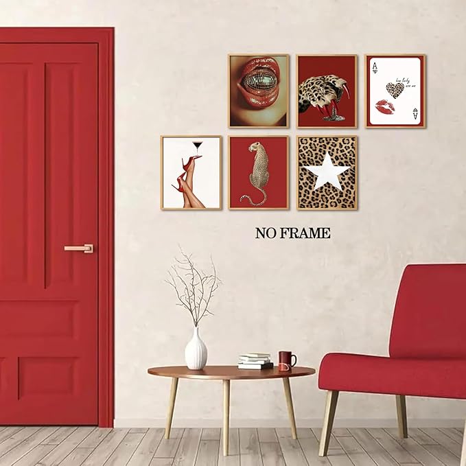 Trendy Leopard Wall Art Poster Set of 6, Red Funky Cheetah Martini Disco Ball Lip Pictures Wall Decor, Fashion Preppy Coquette Paintings Prints for Living Room Bedroom Dorm 8x10 inch Unframed