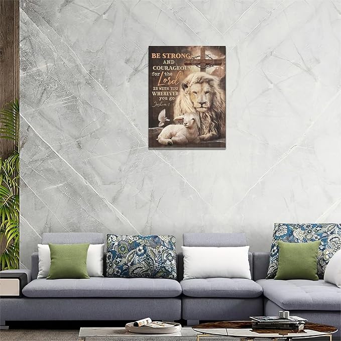 yerretin Lion Of Judah Wall Art Christian Bible Verses Pictures Wall Decor Religious Lamb Lion Canvas Painting Modern Home Artwork for Bathroom Bedroom Office Living Room Framed 12"x16"