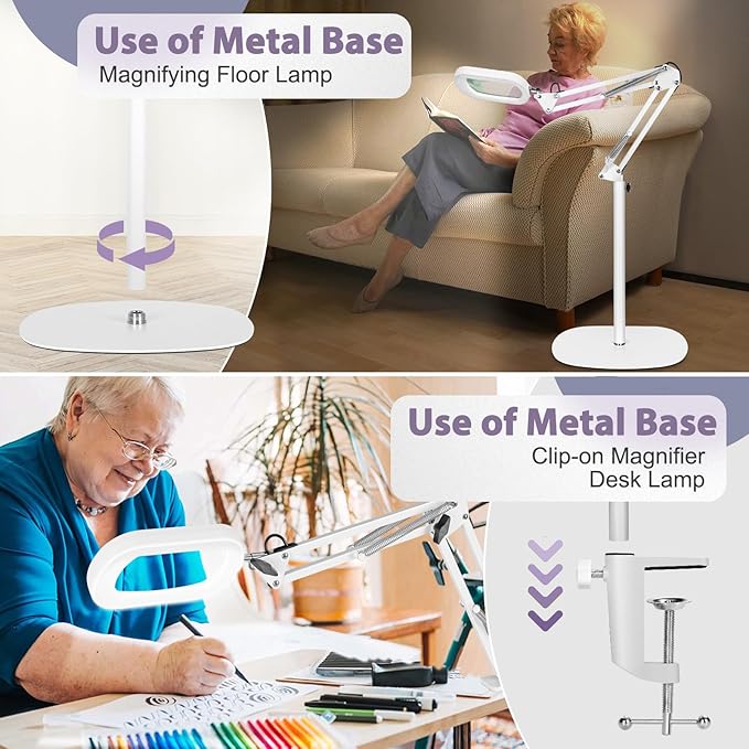 10X Rectangle Magnifying Glass with Light and stand, 5*3 Inch Real Glass 5 Color Modes Stepless Dimmable LED Floor Lamp, 3-in-1 Large Lighted Magnifier for Reading Painting Craft Close Work - White