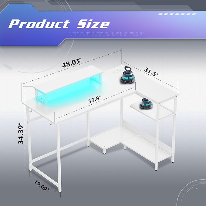 DEVAISE 47 Inch L Shaped Gaming Desk with LED Lights & Power Outlets, Corner Desk for Small Spaces, Sturdy PC Computer Table with Storage for Home Office, White