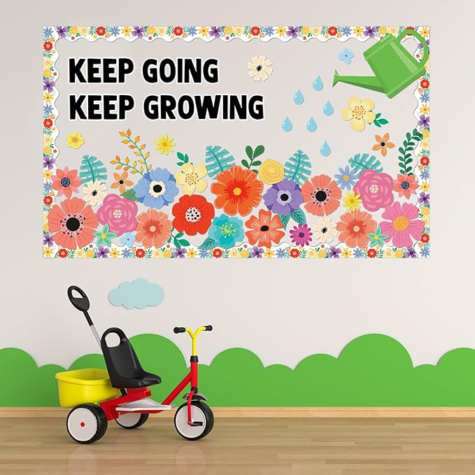 Wildflowers Spring Bulletin Board Decorations Set Floral Flowers Bulletin Board Decor Keep Going Keep Growing Floral Blackboard Borders Sunflowers Cutouts for Back to School Classroom Wall Decor
