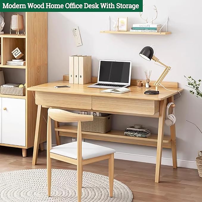 Modern Natural Wood Desk,Wood Home Office Desk with Drawers & Shelves,Writing Desk Workstation,Simple Study Desk Table Computer Desk - Only Desk(39inch, Brown)