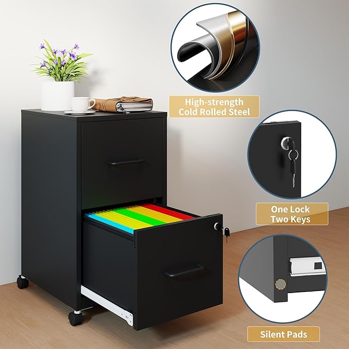 2 Drawer File Cabinet on Wheels,Mobile Filing Cabinets with Lock,Metal Storage Cabinet,Vertical Filing Cabinets for Home Office,Rolling File Cabinet for Under Desk,Amssebly Required, Black