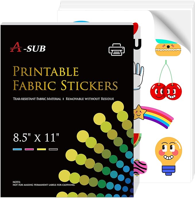 A-SUB Printable Fabric Sticker Paper for Inkjet Printers, 8.5x11 Inches Matte White Waterproof Printable Stciker Paper for Making Custom Stickers 10 Sheets, Tear-resistant