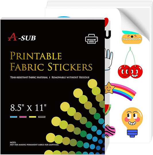 A-SUB Printable Fabric Sticker Paper for Inkjet Printers, 8.5x11 Inches Matte White Waterproof Printable Stciker Paper for Making Custom Stickers 10 Sheets, Tear-resistant