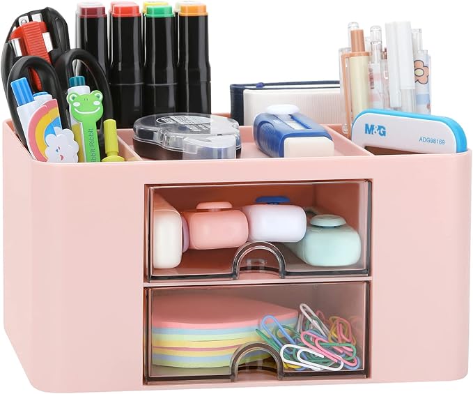 Desk Organizer with 2 Drawer, Plastic Desktop Pen Pencil Card Holder Storage Box for Desk, Office Supplies, Vanity Table Office School Home (Pink)