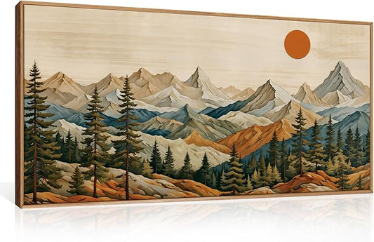 Ausril Boho Woodcut Mountain Framed Canvas Wall Art Set, Woodcut Pine Tree Wall Decor, Brown Wooden Forest Wall Painting, Vintage Mountain Sunrise Art Print for Living Room, Bedroom, Office 20"X40"