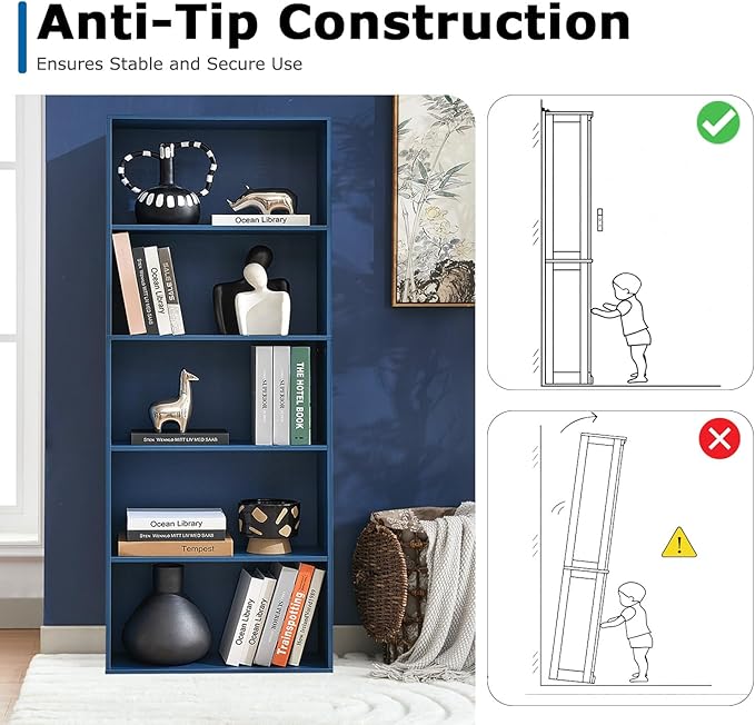 Bookshelves and Bookcases,5-Tier Double Open Storage Shelf, Floor Standing Display Storage Shelves for Home Office, Living Room, Bedroom, Blue