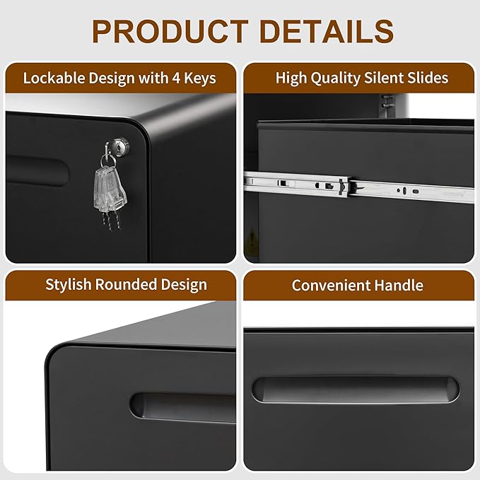 2 Drawers Metal Filing Cabinet with Lock, with 25 File Folders, Mobile Vertical Cabinet with Fully Assembled Except Casters, for Home Office, Black