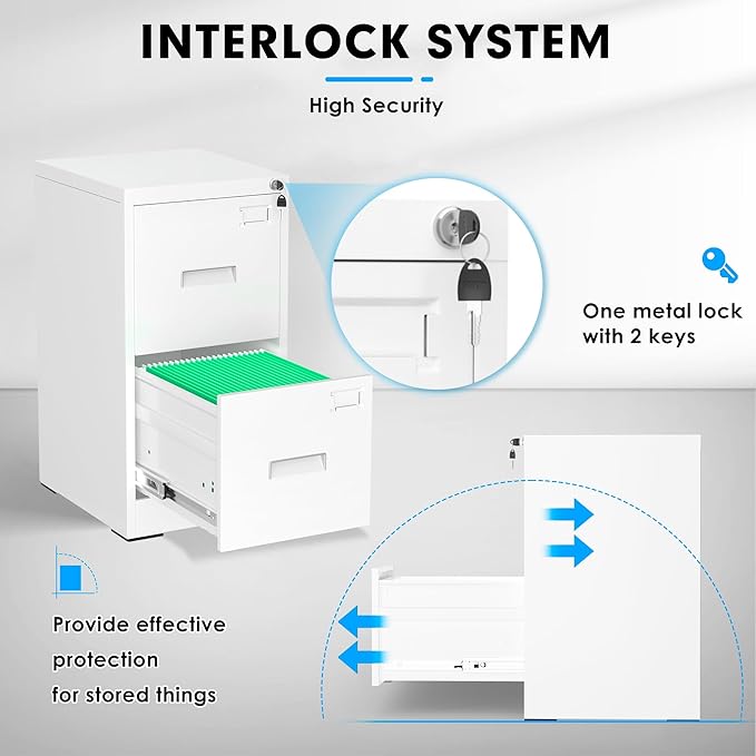 Pataku 2 Drawer File Cabinet with Lock, Sturdy Metal Vertical Filing Cabinets for Home Office, Under Desk Paperwork Storage Fully Extendable Slides Letter Legal A4 Size 18x15x28 Inches, White