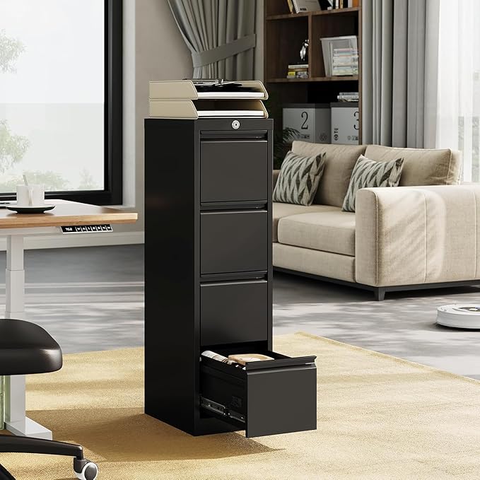 4 Drawer File Cabinet with Lock,Heavy Duty File Storage Cabine,Metal Vertical File Cabinet Office Home Vertical File Cabinet for A4 Legal/Letter Size Narrow File Cabinet Locked