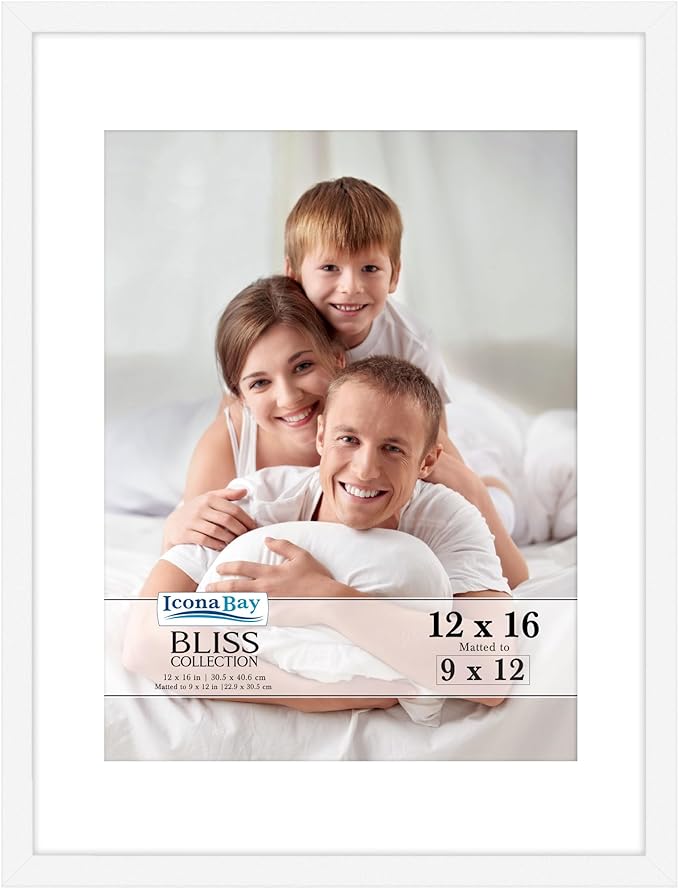 Icona Bay 12x16 White Picture Frame with Removable Mat to 9x12 Photo, Modern Style Wood Composite Poster Frame, Wall Mount Only, Bliss Collection