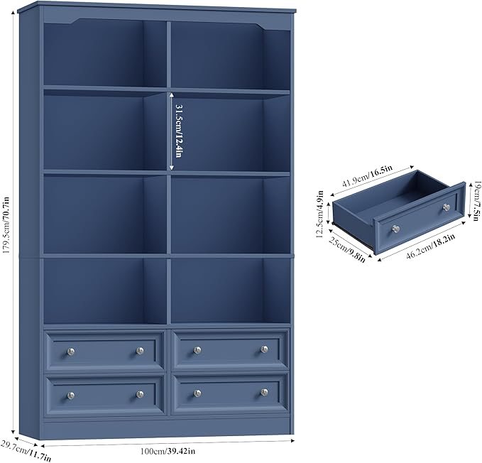 FINETONES 71" Tall Bookshelf with 4 Drawers, 6-Tier Double Wide Bookshelves and Bookcases with Storage, Blue Bookshelf Large Open Bookshelves Standing Book Cabinet for Home Office