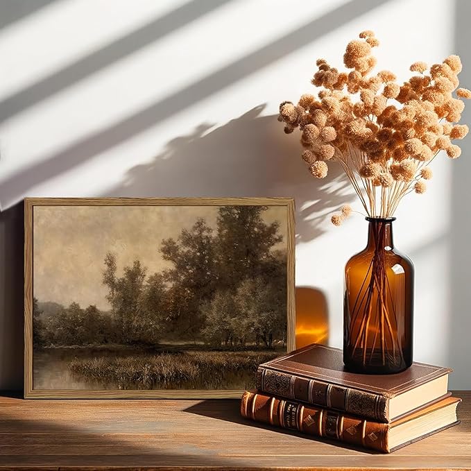 Framed Vintage Landscape Canvas Wall Art, Rustic Forest Lake Wall Decor Paintings, Retro Country Nature Pictures Prints Aesthetic Home Decor for Living Room Bedroom Office Farmhouse 16x24 inch