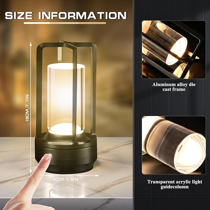 Portable Cordless Table Lamp，LED Desk Lamp with Touch Control，3-Colour Infinitely Dimming Rechargeable Battery Powered Dimming LED Lighting for strange/Restaurant/Bedroom/Bar/Outdoor Party（ black）