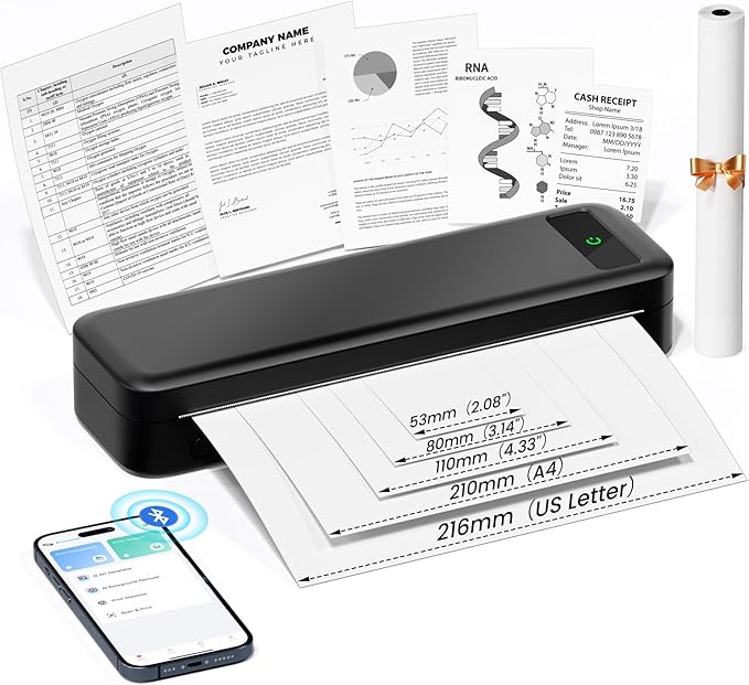 TATTMUSE Bluetooth Inkless Thermal Printer Black & 200 Sheets 8.5" x 11" US Letter Thermal Paper, Compatible with iPhone Android Laptop for Home Car Office
