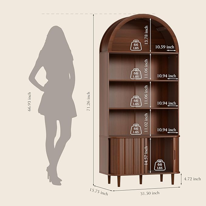 DHH 71" Tall Arched Bookshelf, 5 Tiers Arch Bookcase with Storage, Modern Farmhouse Book Shelf with Adjustable Shelves ＆Sliding Doors, Wood Display Cabinet for Living Room, Office(Walnut)