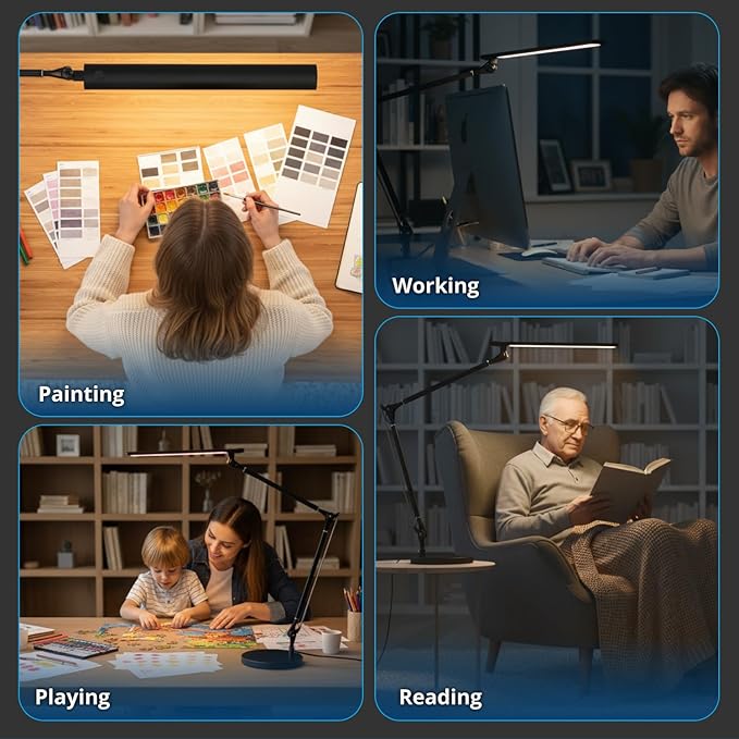 UPLIFTDESK E7 LED Desk Lamp - Adjustable 3 Color Modes, Dimmable Home Office Desk Light for Standing Desk, Dual Monitors, Aluminum Task Lamp (Silver Base)