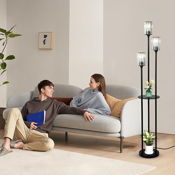 HMVPL Crystal Floor Lamp with Shelves, Modern Floor Lamps for Living Room, 3-Light Standing Lamps with Table, Black Tall Lamp with Crystal Shade, On/Off Foot Switch, Corner Floor Lamp for Bedroom