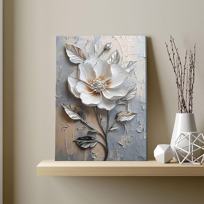 Elegant White Flower Canvas Wall Art Modern Abstract Floral Wall Decor Picture Blooming Flower Poster Print for Office Living Room Bedroom Bathroom Home Decoration 16x24in