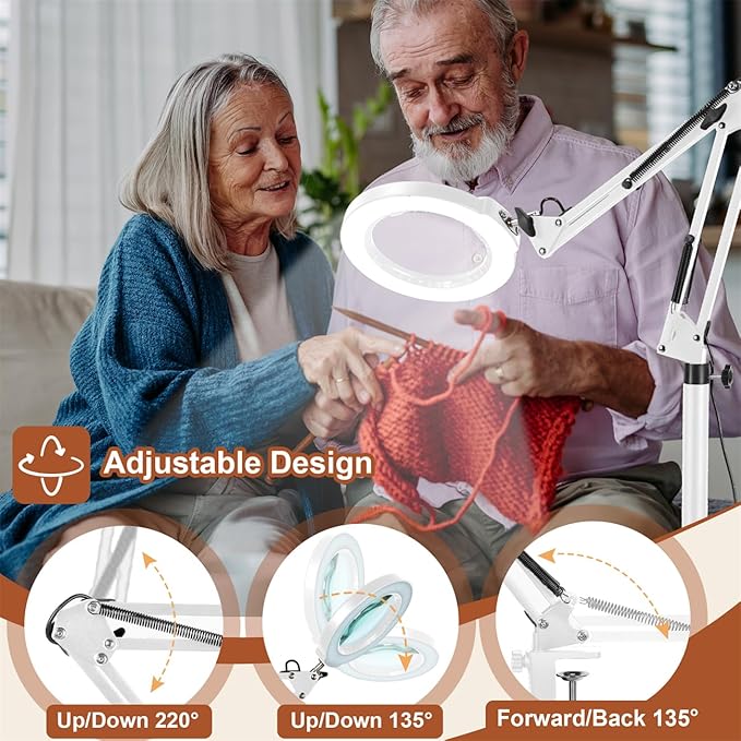 LANCOSC 10X Magnifying Glass with Light and Stand, 3-in-1 Adjustable Swing Floor Lamp, 5 Color Modes Stepless Dimmable, LED Lighted Hands Free Magnifier & Clamp for Reading, Crafts, Painting - White