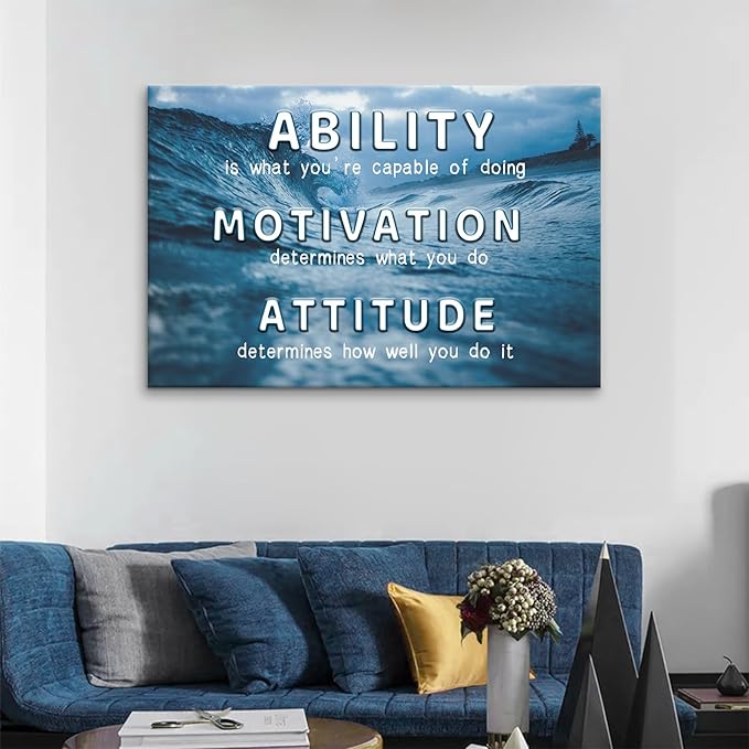 Motivational Canvas Wall Art Office Motto Decor Quotes Motivational Ability Attitude Signs Poster Print for Home Decor Or Home Positive Artwork Wooden Framed Ready to Hang [36''Wx24''H]