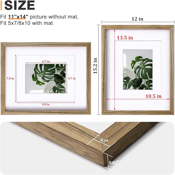 Egofine 11x14 Picture Frames Made of Solid Wood 2 PCS Carbonized Brown Covered by Plexiglass - for Table Top and Wall Mounting for Pictures 8x10 or 5x7 with Mat Horizontally or Vertically Display