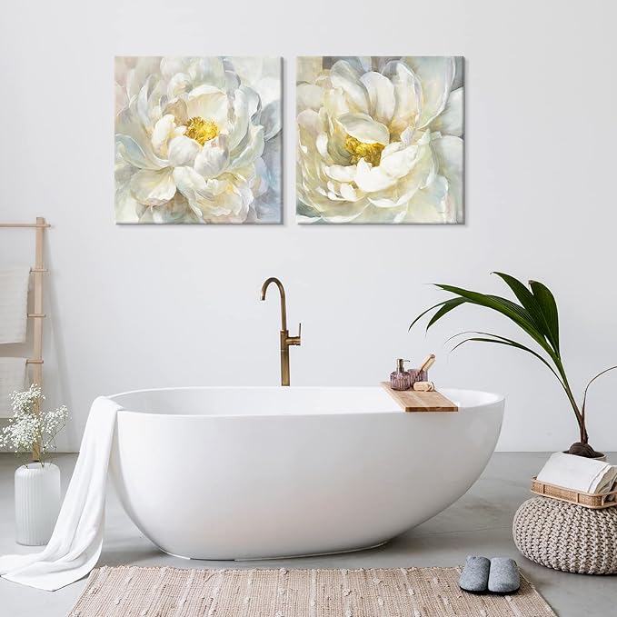 SEVEN WALL ARTS Peony Flower Canvas Wall Art Peonies Floral Pictures Set Abstract White and Yellow Blossom Paintings for Bedroom Living Room Home Office Decor 24"x24"x2pcs