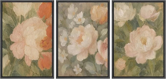 SIGNFORD Framed Wall Art Print Set Soft Pastel Peony Floral Romantic Botanical Digital Art Modern Art Contemporary for Living Room, Bedroom, Office - 24"x36"x3 BLACK