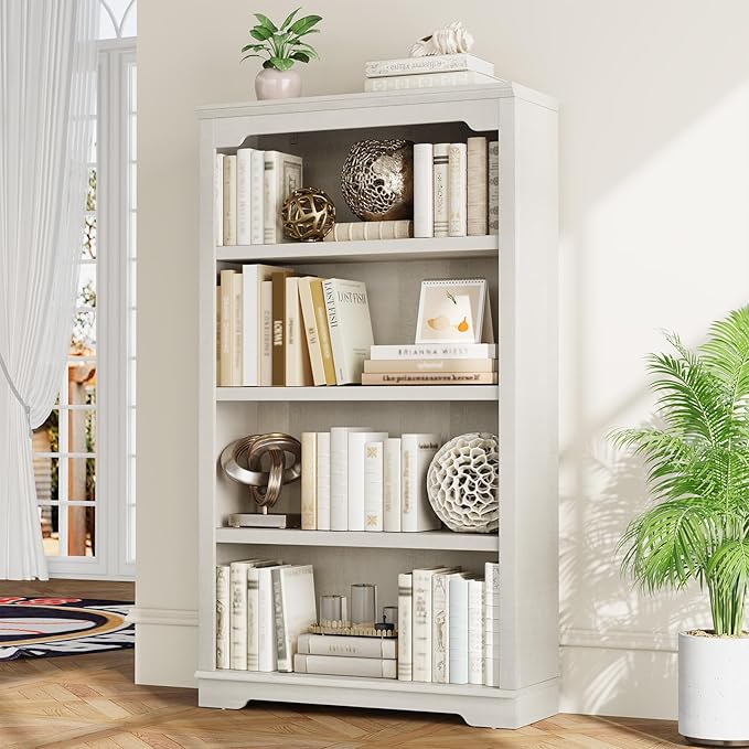 HIFYOBRO 4 Tier Bookshelf, 55 Inches Tall Bookcase, Wooden Book Shelf with Storage, Freestanding Open Display Bookshelves for Study Room, Home Office, Living Room (White, 4-Shelf)