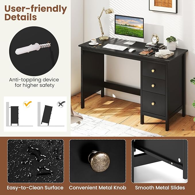 GOFLAME Computer Desk w/ 3 Drawers, 48" Wide Writing Desk with Storage, Laptop Study Desk w/Anti-tip Kit, Modern Home Office Desk, Wooden Workstation, Vanity Table for Study, Office,Black